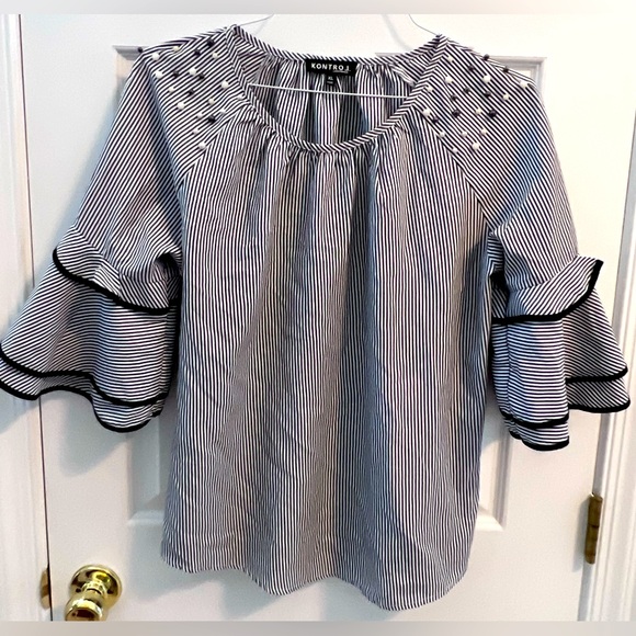 Kontrol Tops - Kontrol black/white striped shirt w/ 3/4" ruffle sleeve Pearl beads on shoulder